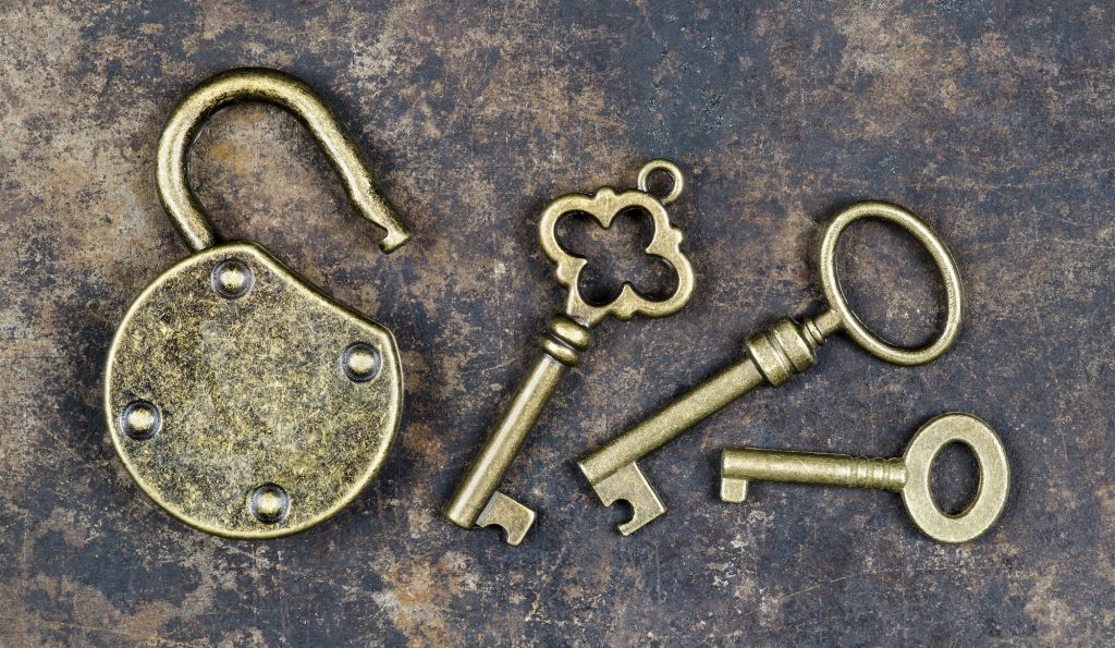 Antique padlock and keys, escape room game concept